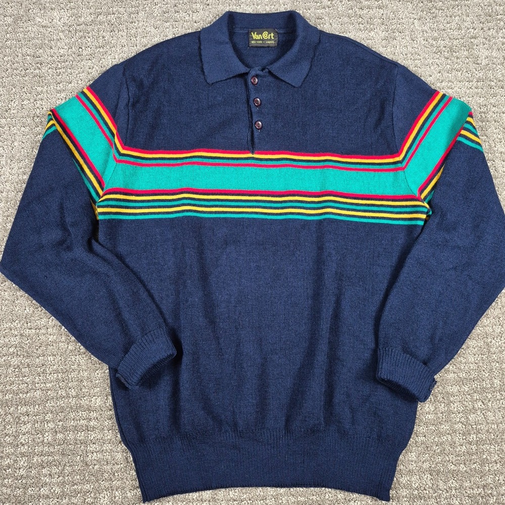 Vintage Van Cort Polo Sweater Mens M Navy Rainbow Striped Surf Sportswear 70s